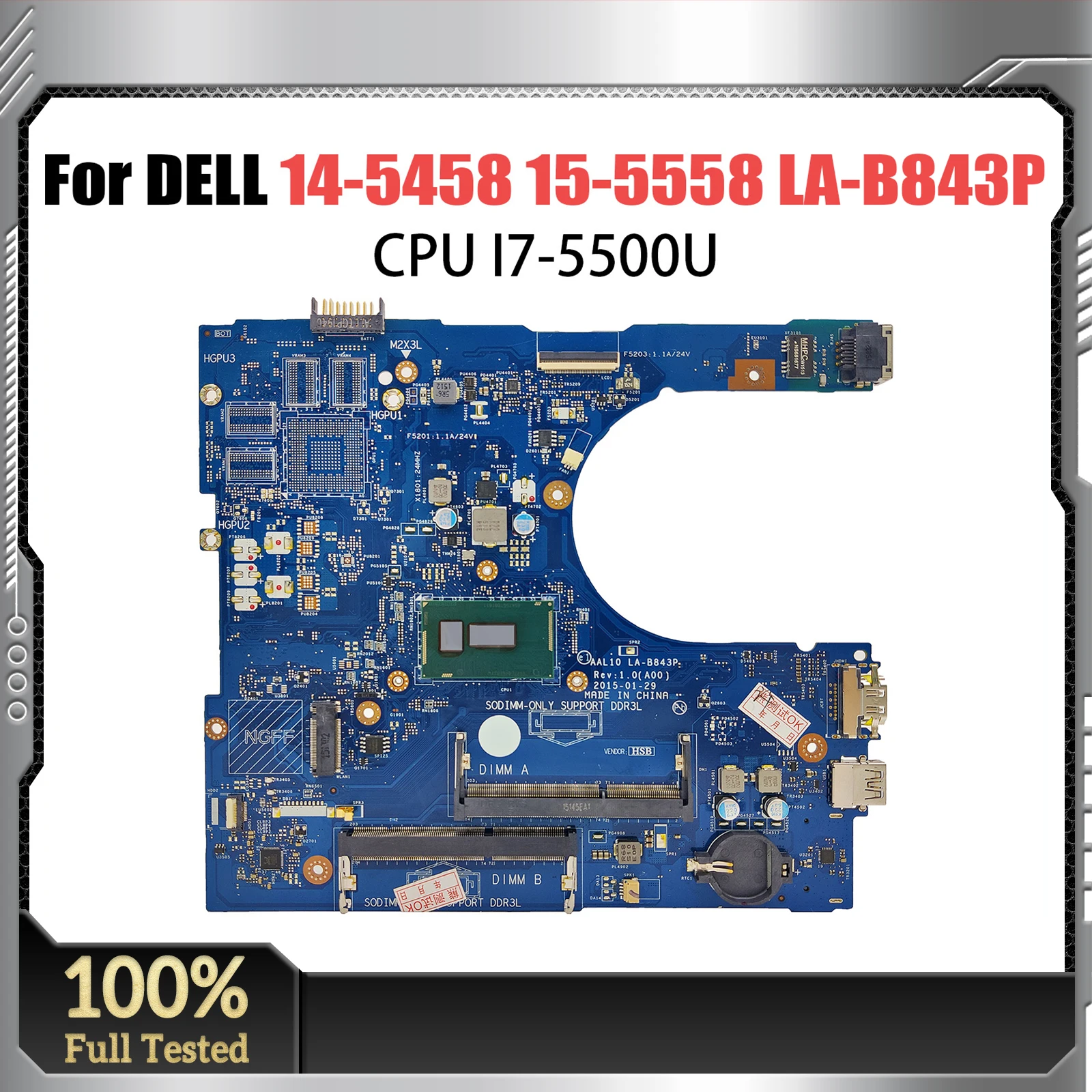 FOR Dell Inspiron 14 5458 15 5558 Laptops Motherboard AAL10 LA-B843P With I7-5500U CPU CN-0XCFXD