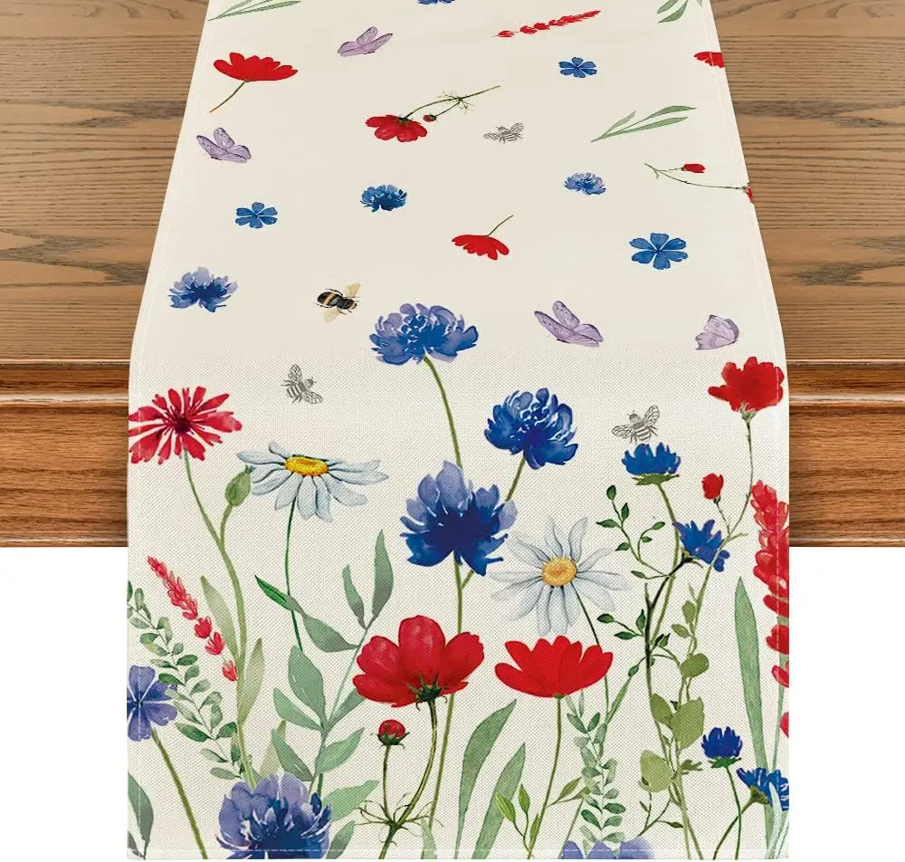 Daisy Lavender Summer Table Runner Seasonal Spring Holiday Kitchen Dining Table Decoration for Home Party Indoor Outdoor Decor