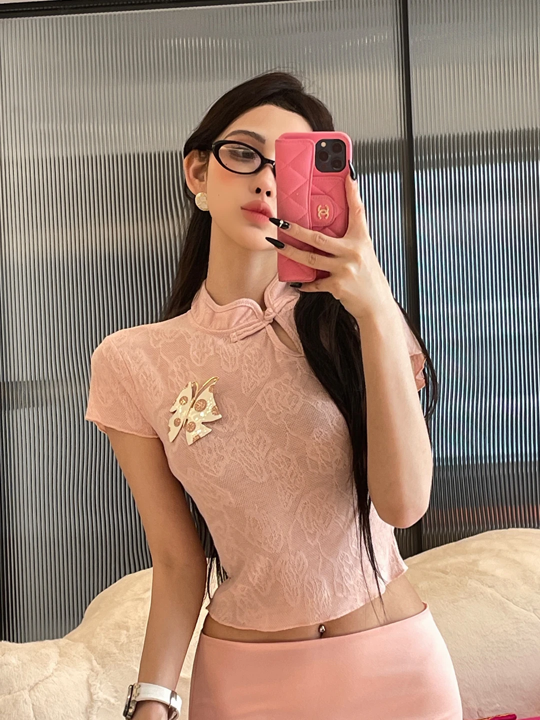 

ChiclyNana Chinese Sle ort Sve Thin Top Pink Button Stand Collar T-irt Women's Faionable Casual Wear Summer 2024