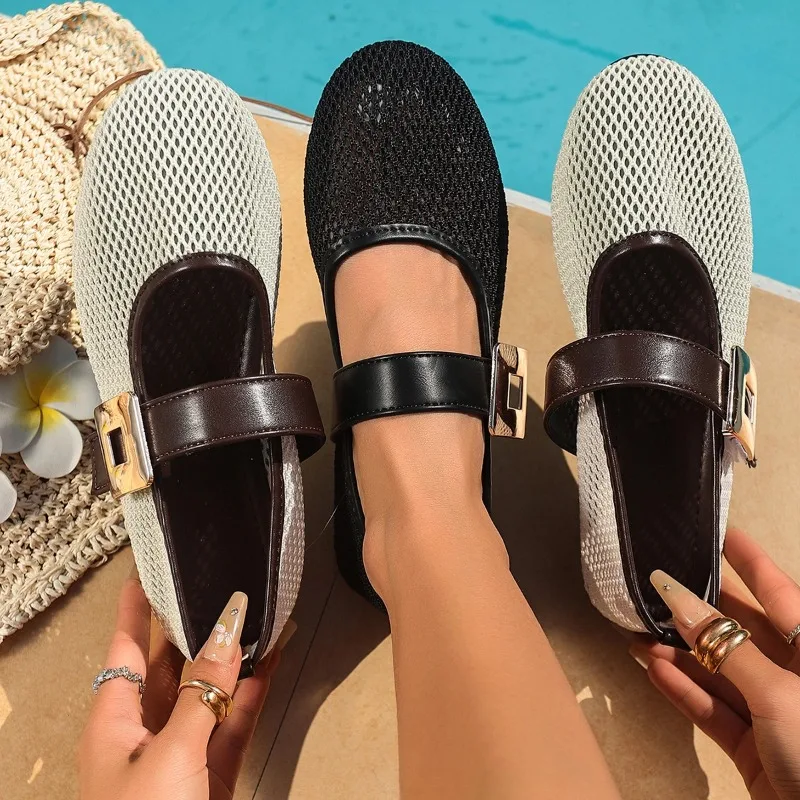 Flat Sandals 2026 Summer New Fashion Vintage Versatile Round Toe Cutout Fishnet Roman Shoes