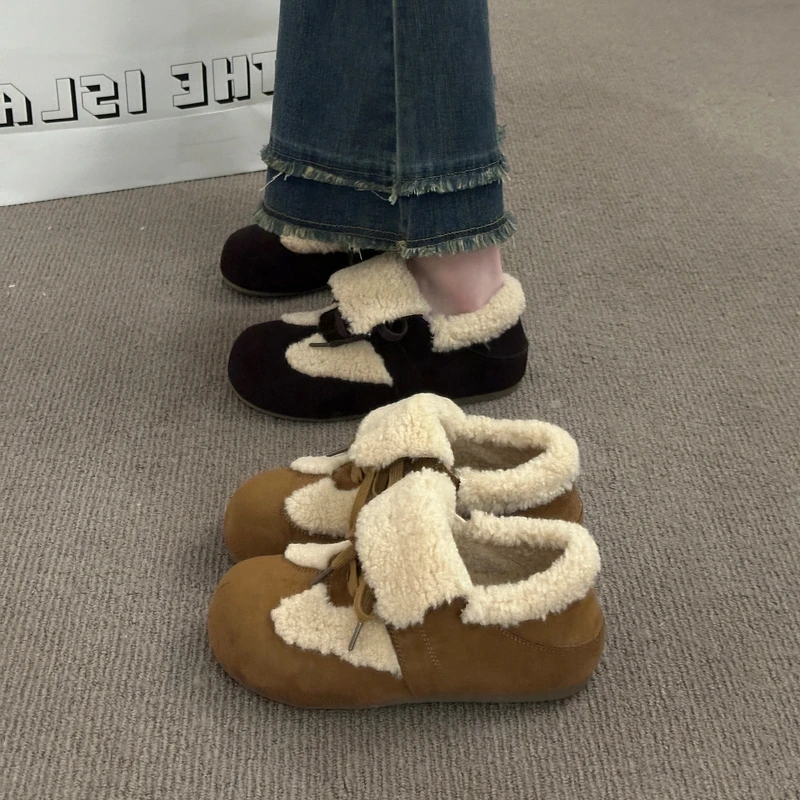 

Fur Lining Women Loafer Flats Shoes Concise Round Toe Slip On Snow Shoes Comfort Warm Cotton Outdoor Shoes For Autumn Winter
