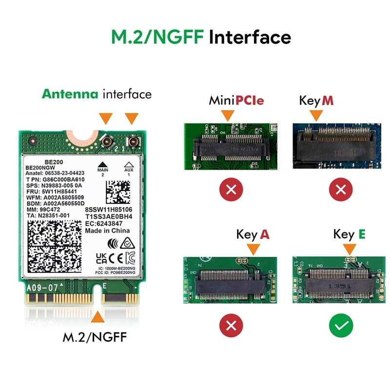 1ชิ้นการ์ดเครือข่าย Wifi7 BE200 8000Mbps อะแดปเตอร์ WiFi สายพลาสติกสีเขียว2.4G/5g/6GHz BE200NGW M.2ตัวรับสัญญาณ WiFi NGFF