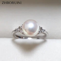 ZHBORUINI 2024 Simple Pearl Ring 100% Real Natural Pearl Gold Silver Color Women Jewelry Silver Clear Zircon Diamond Ring Gift