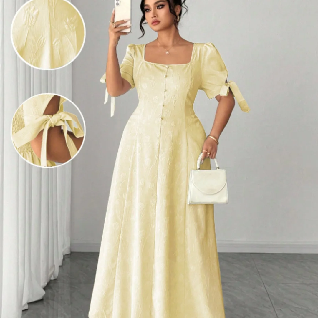 

Plus Size Yellow Jacquard Maxi Dress Women Square Neck Puff Sleeve Bow Tie Elegant Party Dress