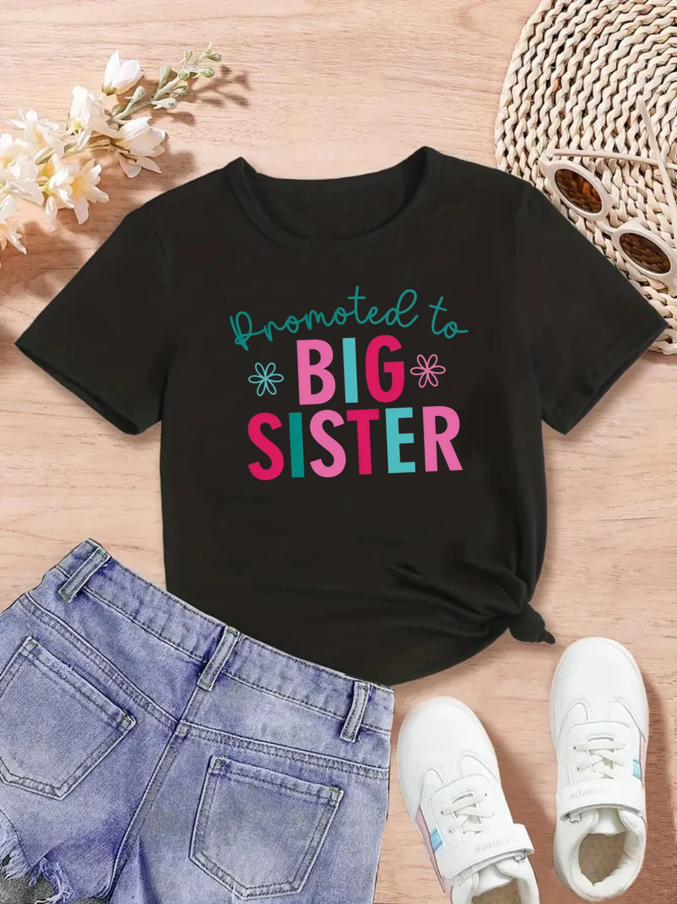 Promoted To Big Sister Flowers Letter Printed T Shirt Girls Pregnancy Announcement Shirt Funny Kids Clothes
