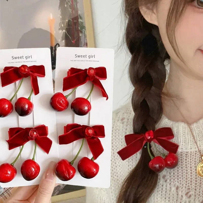 1/4pcs Red Velvet Cherry Hairpins Resin Fruit Girls Bow Hairbows Ornament Versatile Sweet Pastoral Hair Clip Hair Accessories