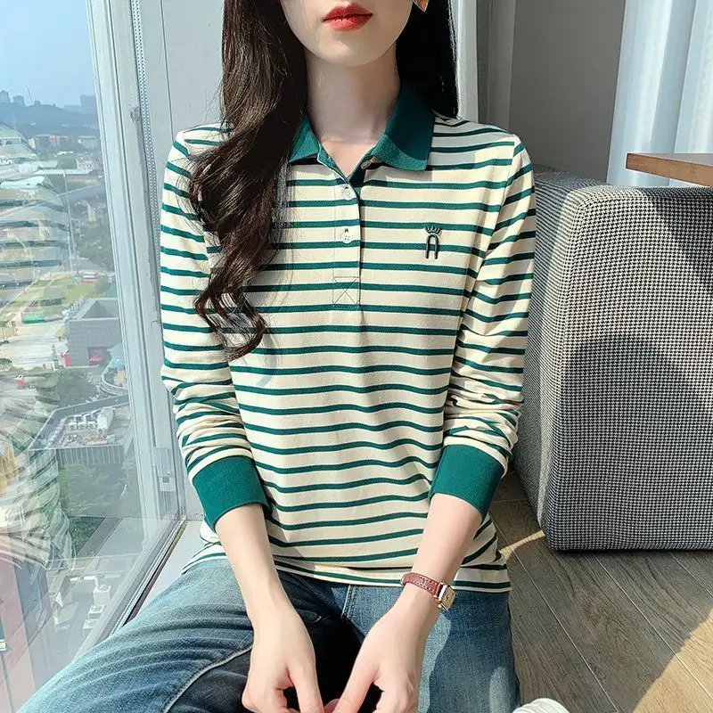 

Осенняя женская поло-рубашка для похудения, в полоску, с длинным рукавом, легкая, повседневная, альтернатива блейзеру ​