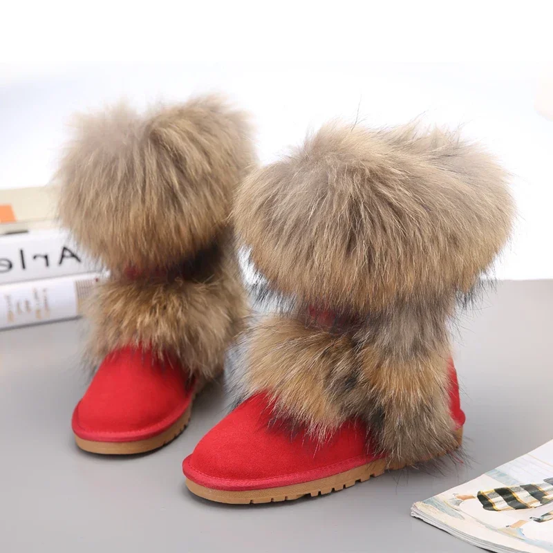 Australia Classic Snow Boots Women Faux Fur Winter Shoes Cow Suede Warm Natural Fox Fur Non-slip Rubber Soles Female Flat Shoes