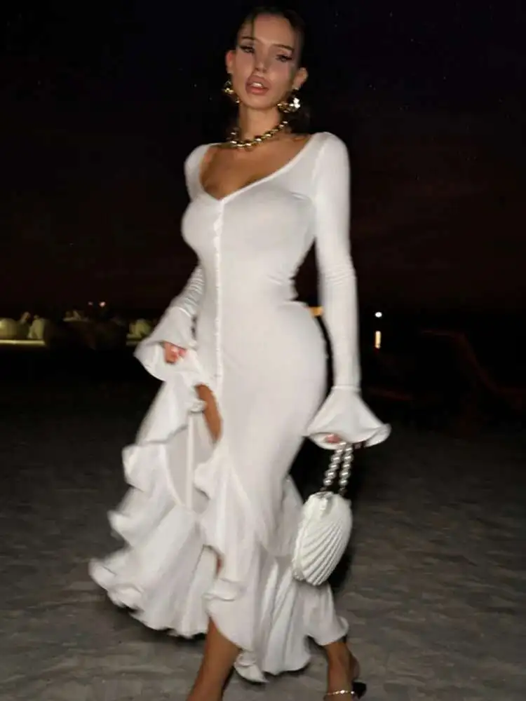 Mozision Flare Long Sleeve Ruffle Sexy Maxi Dress Women Autumn Pink V Neck Single-breasted High Waist Club Long Dresses Female - Image 6