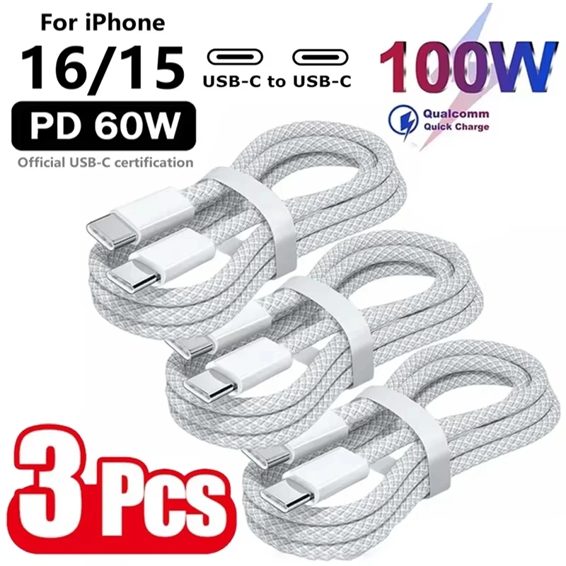 3PCS 100W Fast Charging Charger Cable Type C Cable to Type C Supports Fast Charging Data Cable for iPhone Samsung Xiaomi Huawei