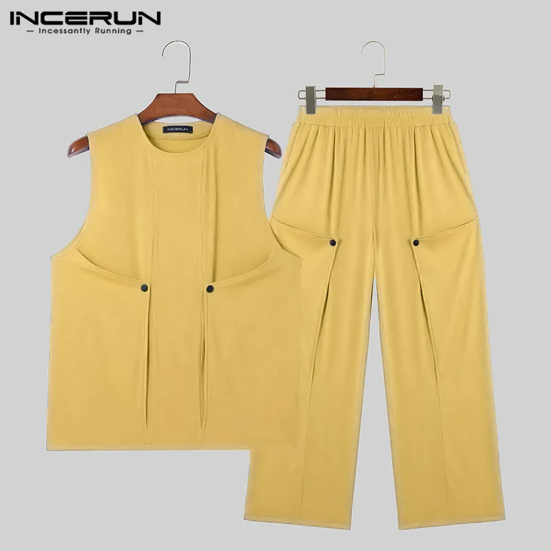 INCERUN Men Sets Solid Color O-neck Sleeveless Tank Tops & Pants 2PCS Streetwear Summer Loose Fashion Men\'s Casual Suits S-2XL