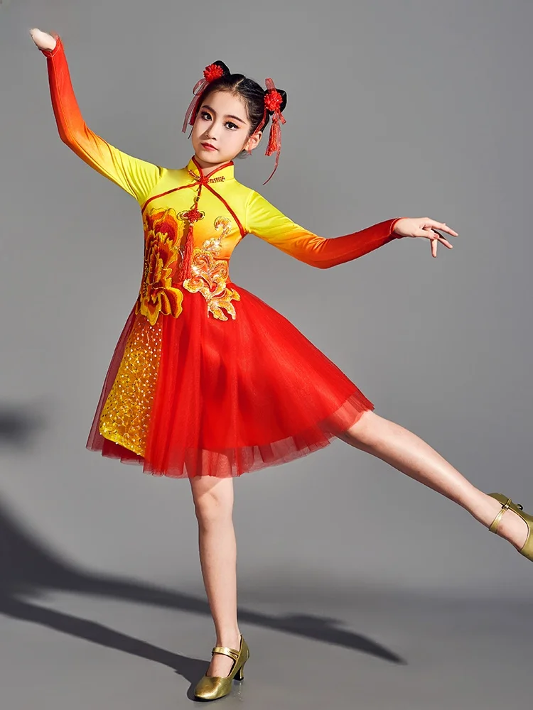 

Детский пышный костюм для выступлений: юбка для современного танца, красный цвет, для весеннего фестиваля, гала-концерта, танцевального праздника