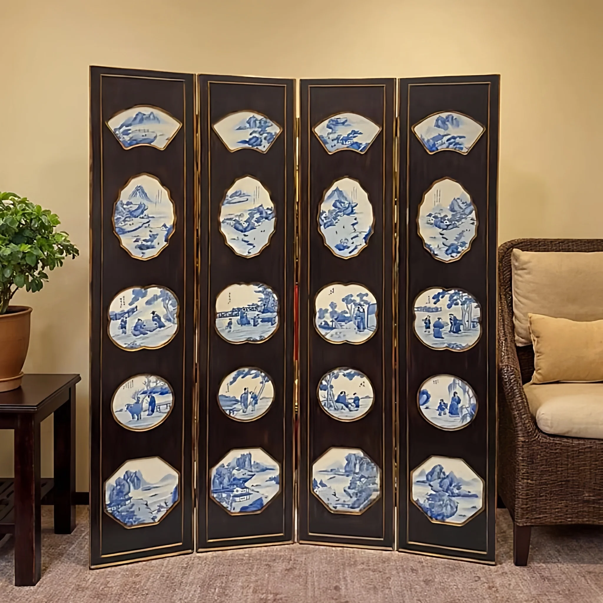 ！@Chinese Classical Blue White Porcelain-Inspired Four-Panel Folding Screen Solid Wood Partition Living Room Bedroom Antique