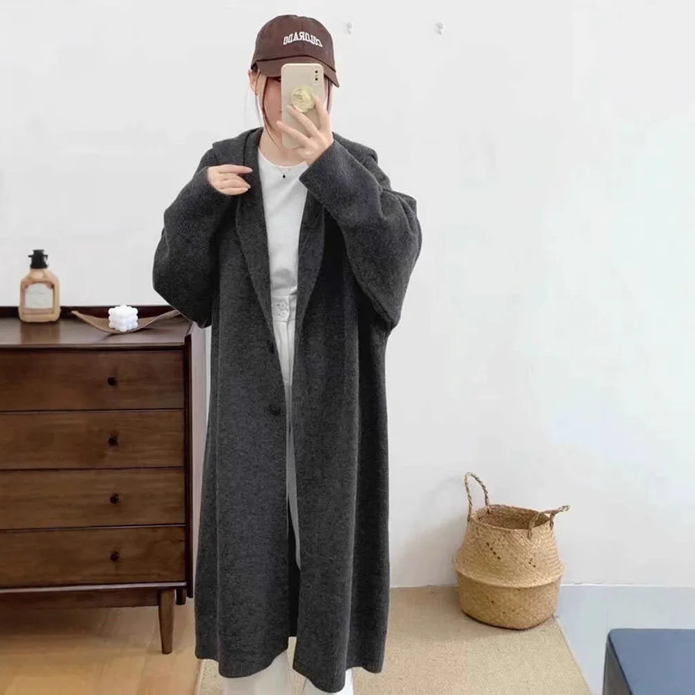 Women's Autumn Winter Hooded Long Knitted Cardigan Simple Solid Color French Style Lazy Casual Coat for Ladies