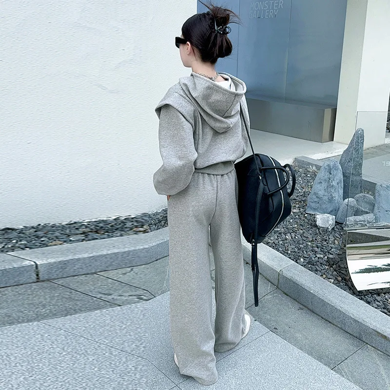 Autumn Girls Tracksuit Casual Sport Sweatshirt Wide Leg Pants Two Pieces Teenage Children Clothing Set Grey Daily Kids Outfits