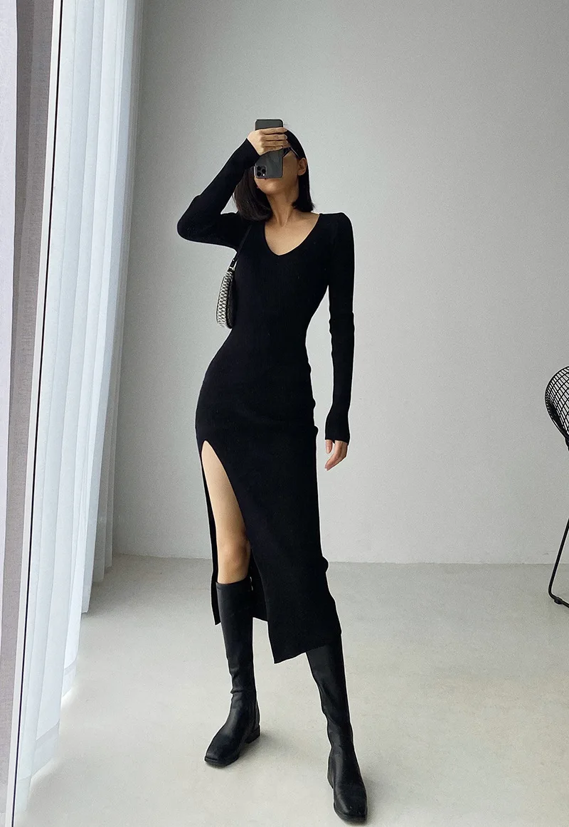 

Spring and Autumn Sexy French Slit Sweater Dress Female Slim Tight Package Hip Dress Long Sleeve Open High Waist Skeleton Dress