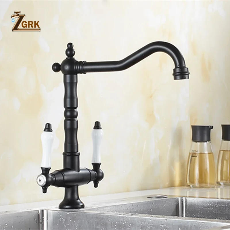 Double Handle Kitchen Sink Faucet Rotatable Single Hole Basin Faucet Gold Antique Chrome Black Kitchen Mixer Tap Retro Faucet