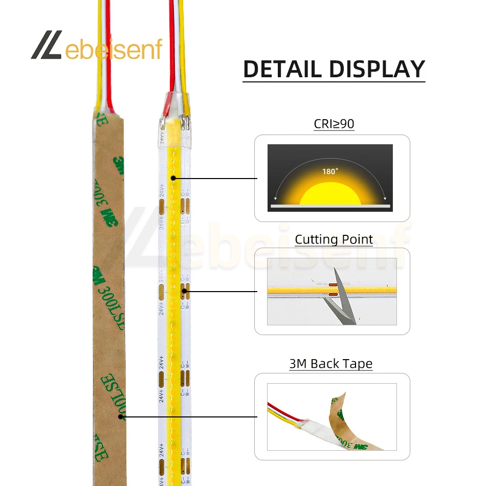 FCOB CCT diod LED listwa oświetleniowa 608 o wysokiej gęstości elastyczny FOB COB 5 8 10 mm szerokości RA90 2700K do 6500K liniowy DC12V DC24V