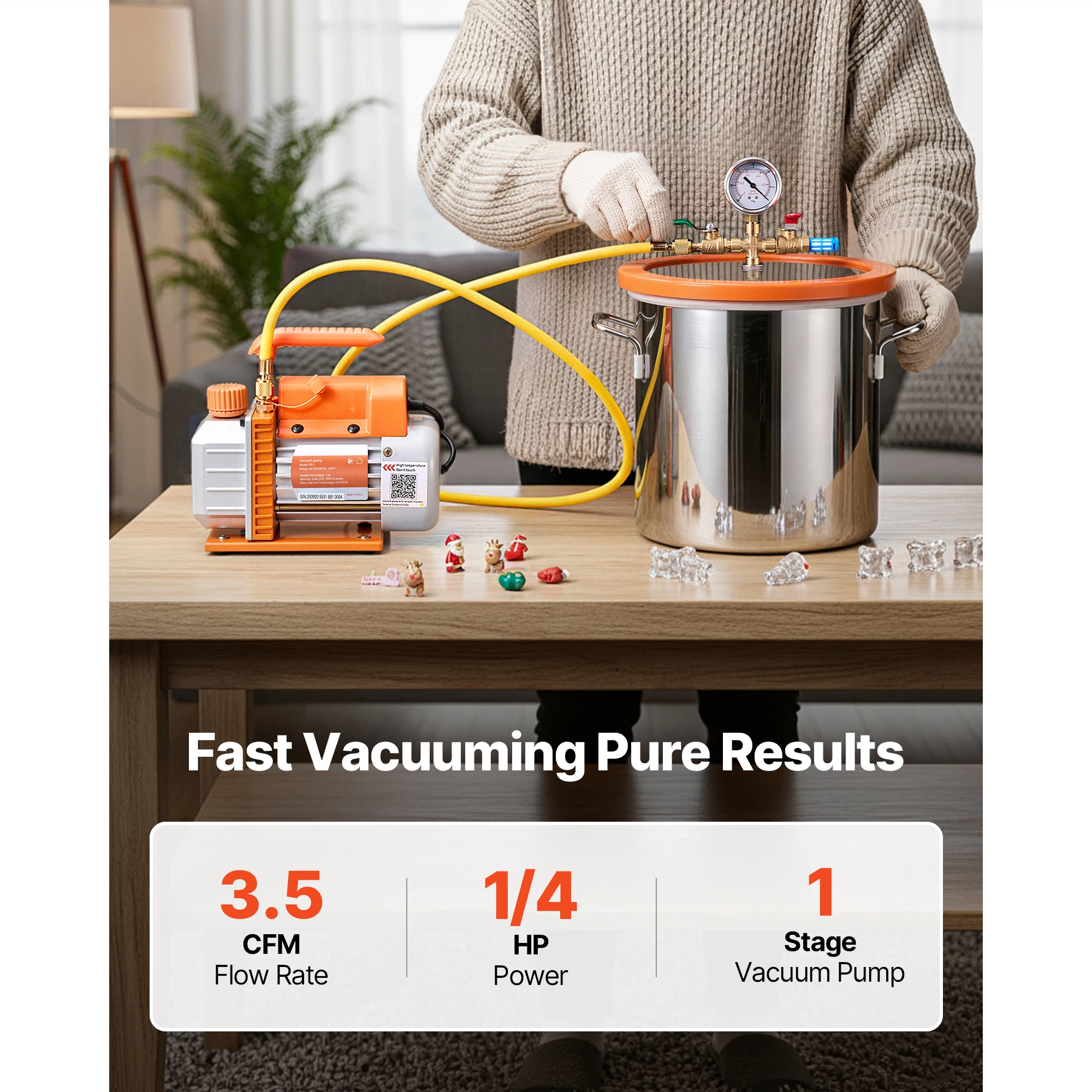3 Gallon Vacuum Chamber with Pump, 3.5 CFM, 5 ft Hose, Single Stage Vacuum Pump, Stainless Steel Degassing Chamber Kit with Tempered Glass Lid, Designed for Stabilizing Wood Degassing Silicone Resin