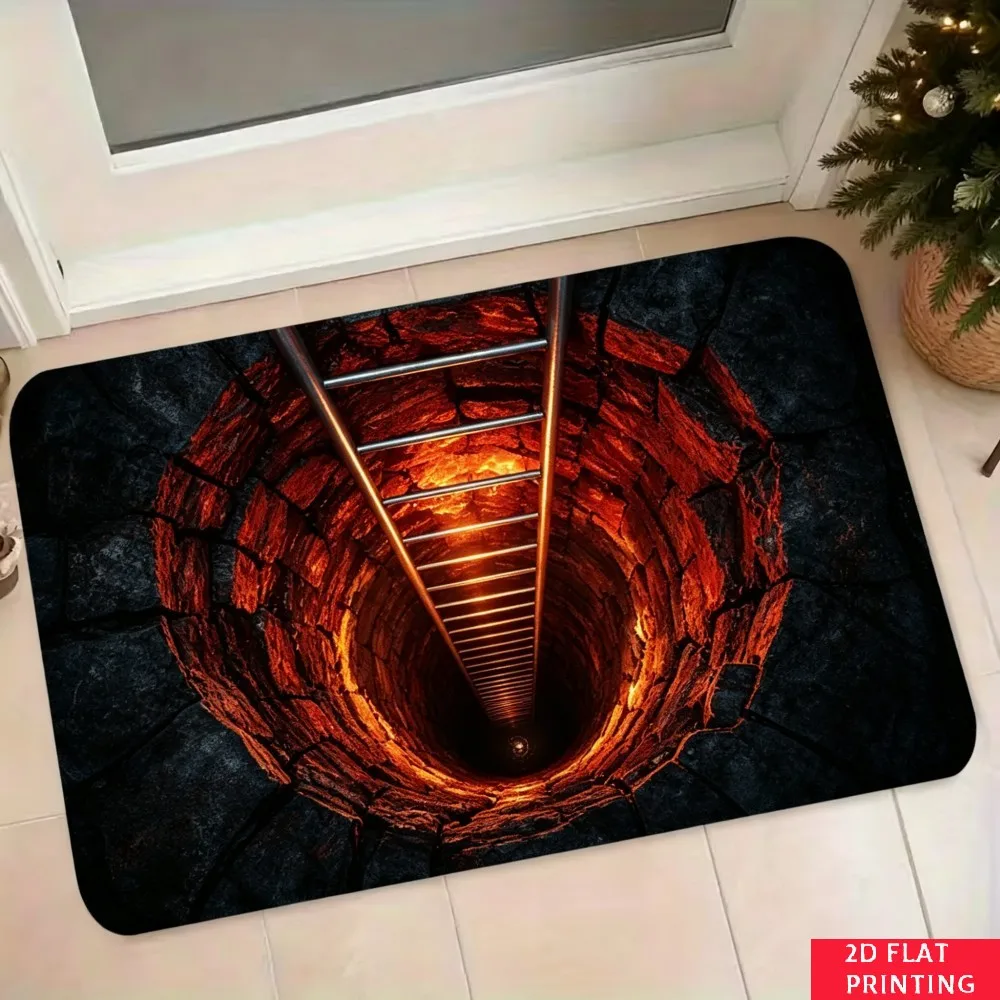 3D Lava Pit Illusion Door Rug Black Stone Texture Red Magma Ladder Depth Print Non Slip Visual Trick Floor Mat Entrance Decor