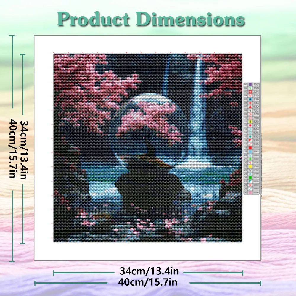 New Cross Stitch Crystal Ball Cherry Blossom Waterfall 11ct Needlework Full Embroidery Landscape Printed Canvas Handmade Gift