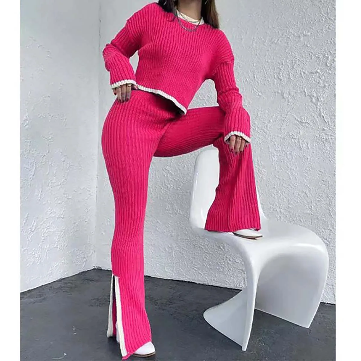 Autumn Winter 2 Pieces Women\'s Oufit Sets Knitted Tracksuit O-Neck Sweater and Wide Leg Jogging Pants Female Suits