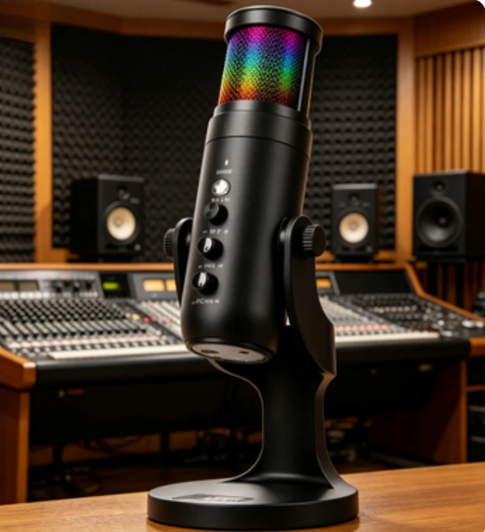 

USB Computer Condenser Mic With RGB Color Light, Multipurpose for Broadcast Recording, Online Meeting & Game Voice Chat