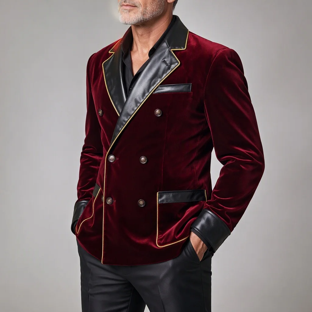 Men's High Quality Velvet Blazer Faux Leather Lapel Gold Piping Double Breasted Jacket Dinner Party Evening Formal Outerwear