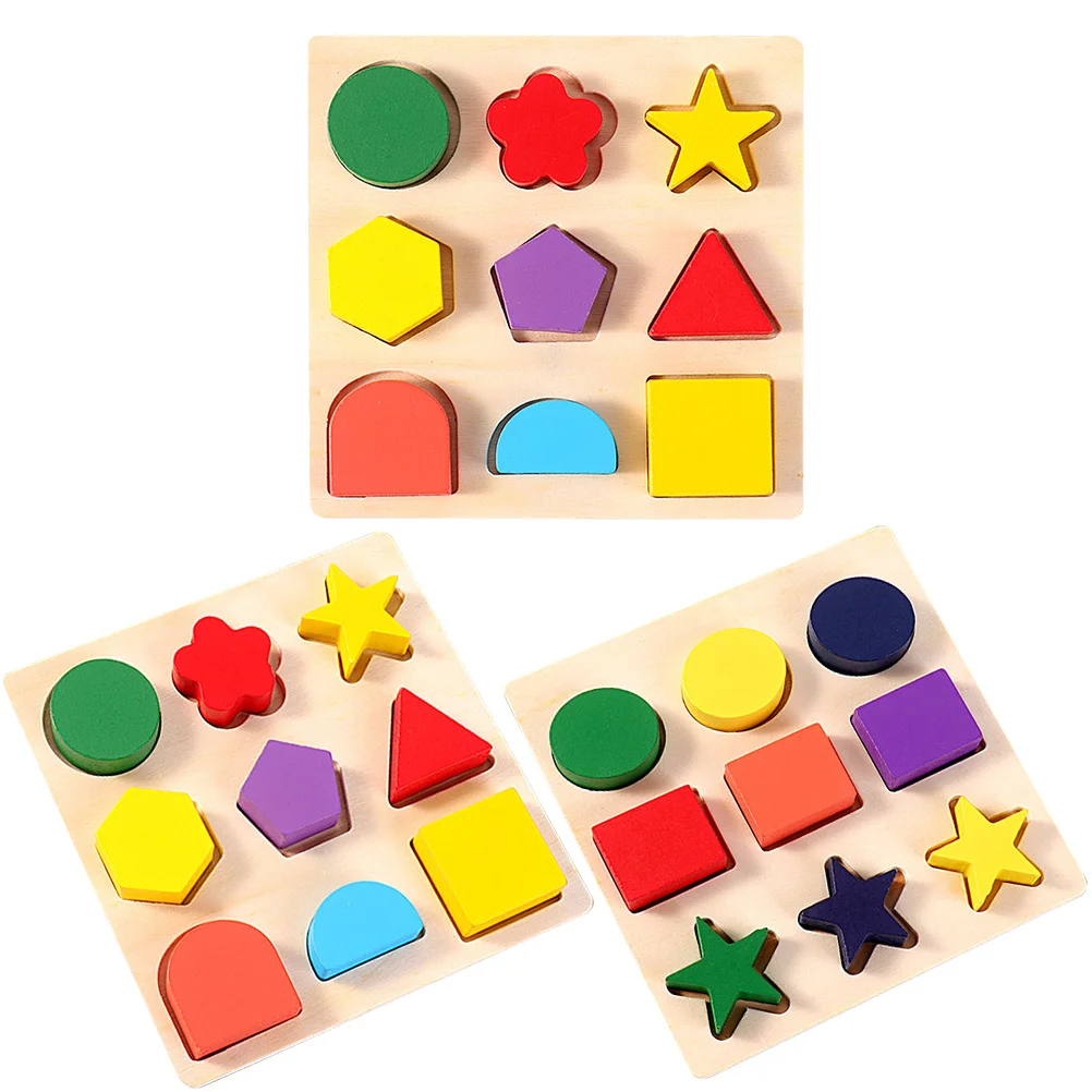 

3 Pcs Shape Recognition Board Toys Toddler Puzzle Stack Children Sorter Wooden Matching Blocks for Early Education