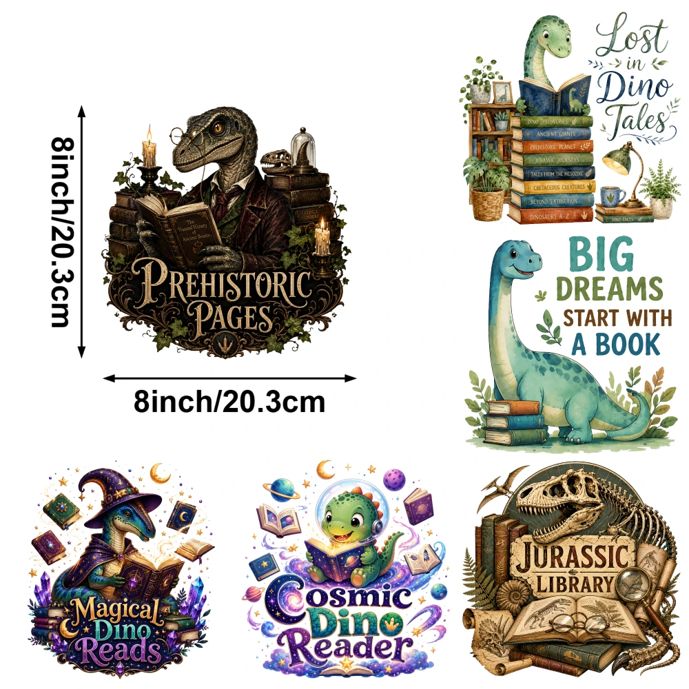 6 Pcs Dino Tales Iron on Transfers Press Washable Stickers iron on decals Easy to heat press decals DTF Transfers Ready