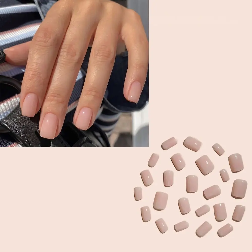 Detachable Solid Color Simple Style False Nail Square Shape Full Cover Nude Pink Fake Nail Medium Length Press on Nails Girl