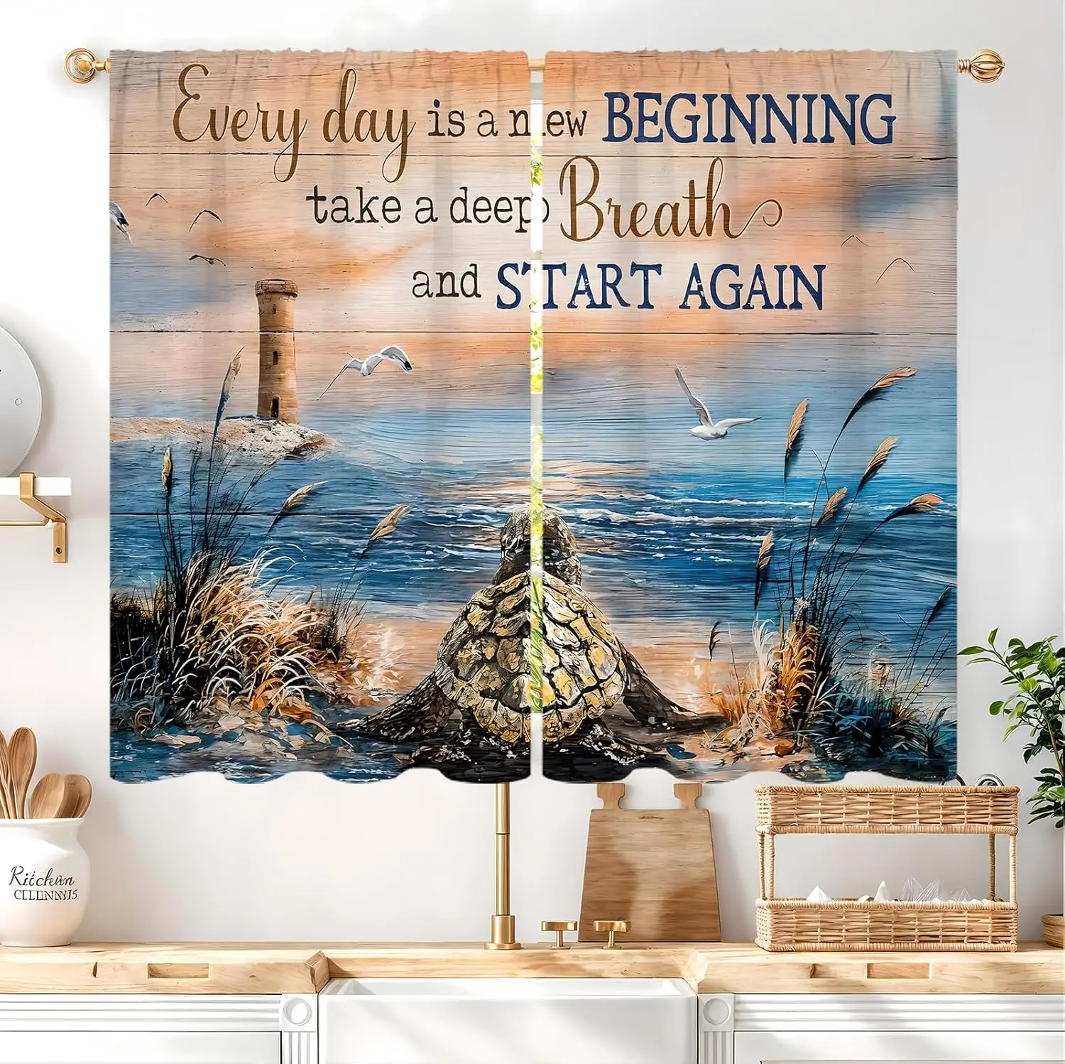 Inspirational Lighthouse Curtains Ocean Sunrise Print for Living Room Window Decor