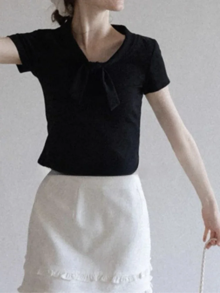 Korean Simple Cross Lace Uo V Neck Short Sleeve T Shirts Elegant All Match Women Clothes Y2k Summer Casual Streetwear Crop Top