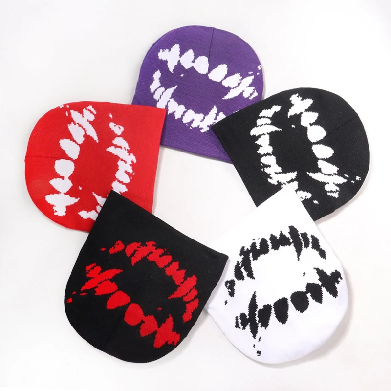 Unisex Y2K Hip Hop Knit Beanie Hat Abstract Graphic Pattern Streetwear Slouchy Beanie Warm Winter Casual Skull Cap for Men Women