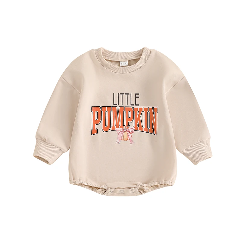 

Baby Halloween Sweatshirt Romper Letter Pumpkin Print Round Neck Long Sleeve Bubble Jumpsuit