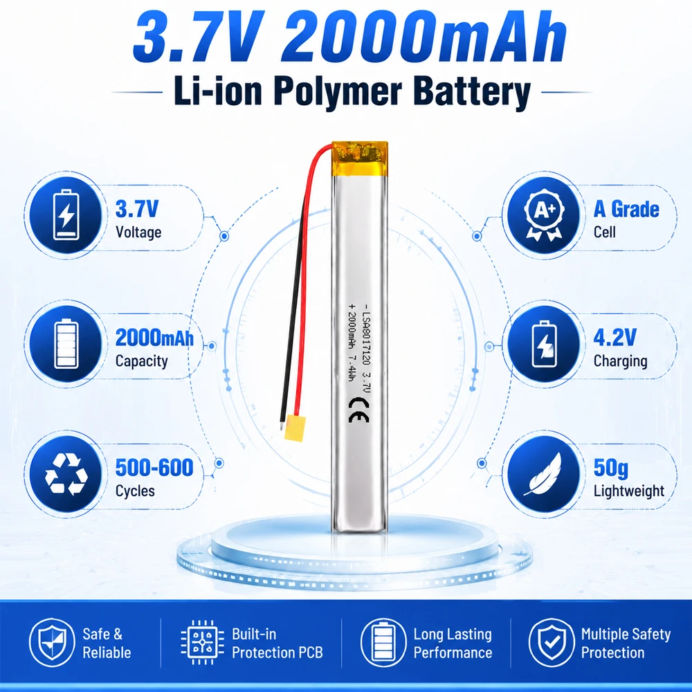 8017120 Lithium Polymer Battery 3.7V2000mAh Rechargeable Ultra-thin Battery Cell Suitable for Smart Devices Such As Massage Guns