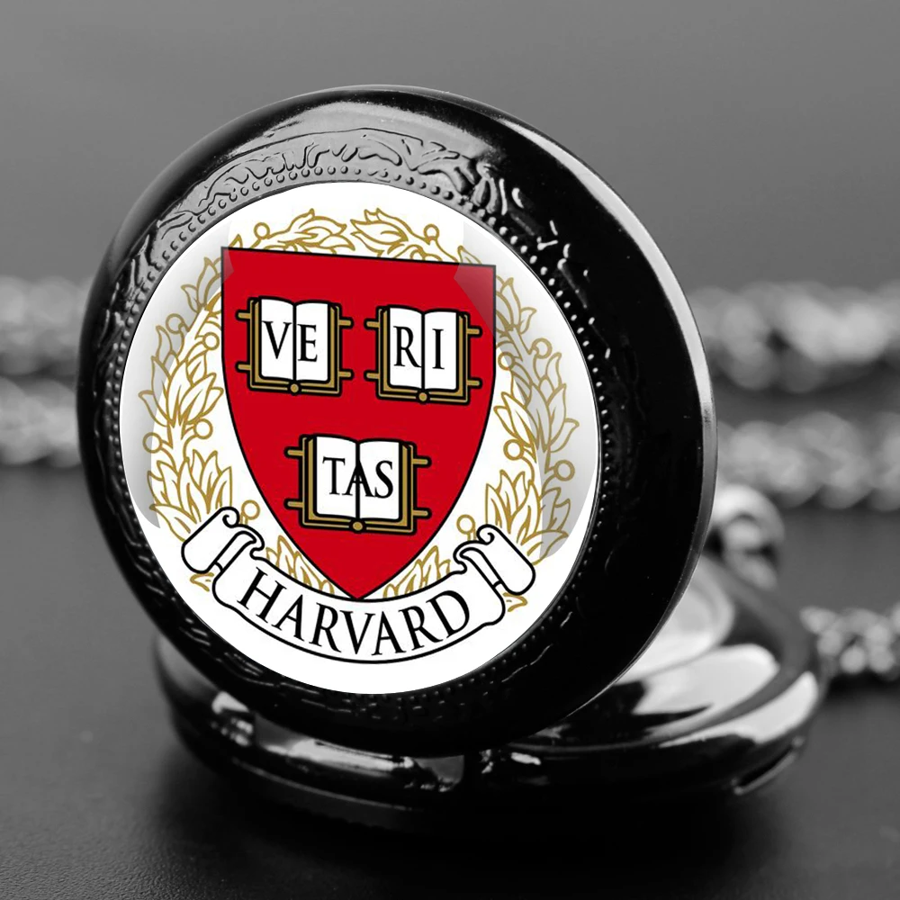 Harvard University Logo Design Quartz Pocket Watch with Chain Necklace Vintage Collection Gifts for Men Women