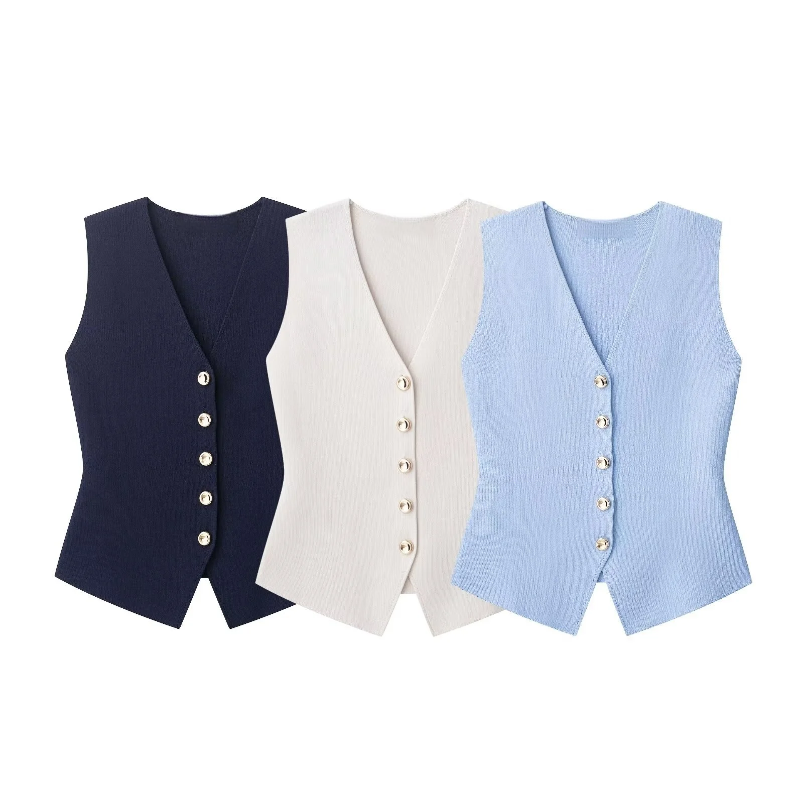 

PB&ZA2025 summer new women's casual fashion simple all-match V-neck sleeveless knitted vest vest single-breasted top