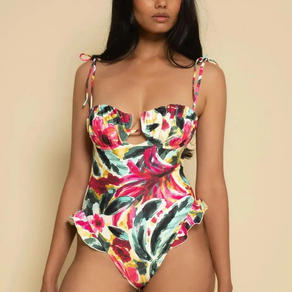 

Floral Print Swimsuit With Cover Up Sexy Swimwear Women Push Up Bikini Female Ruffle Swimming Suit Long Skirt Bodysuit Beachwear