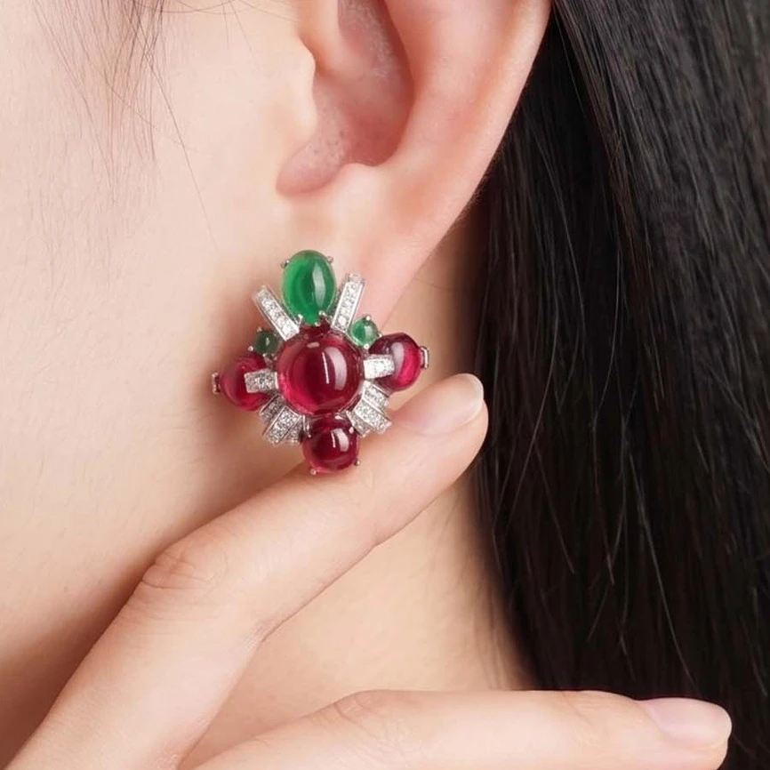 Ayjewelry Hand Make Fruit Style Lab Green Emerald Red Ruby Gemstone Earrings 925 Silver Designer Fine Jewelry Luxury Party Gift