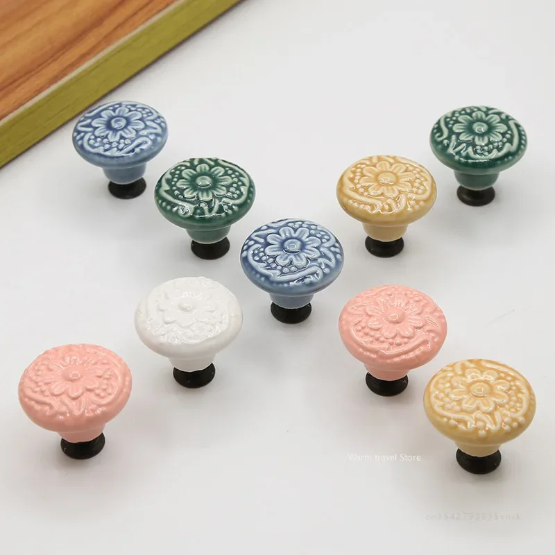 Single Hole Round Ceramic Knob Handle Flower Surface Cabinet Kitchen Door Drawer Handles Dresser Knobs Pulls Furniture Hardware