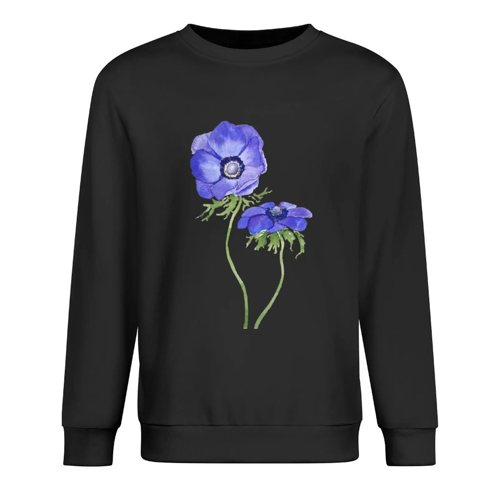 

blue purple anemone flowers watercolor Pullover mens clothes japanese style fashion men korean style clothes sweatshirt for men