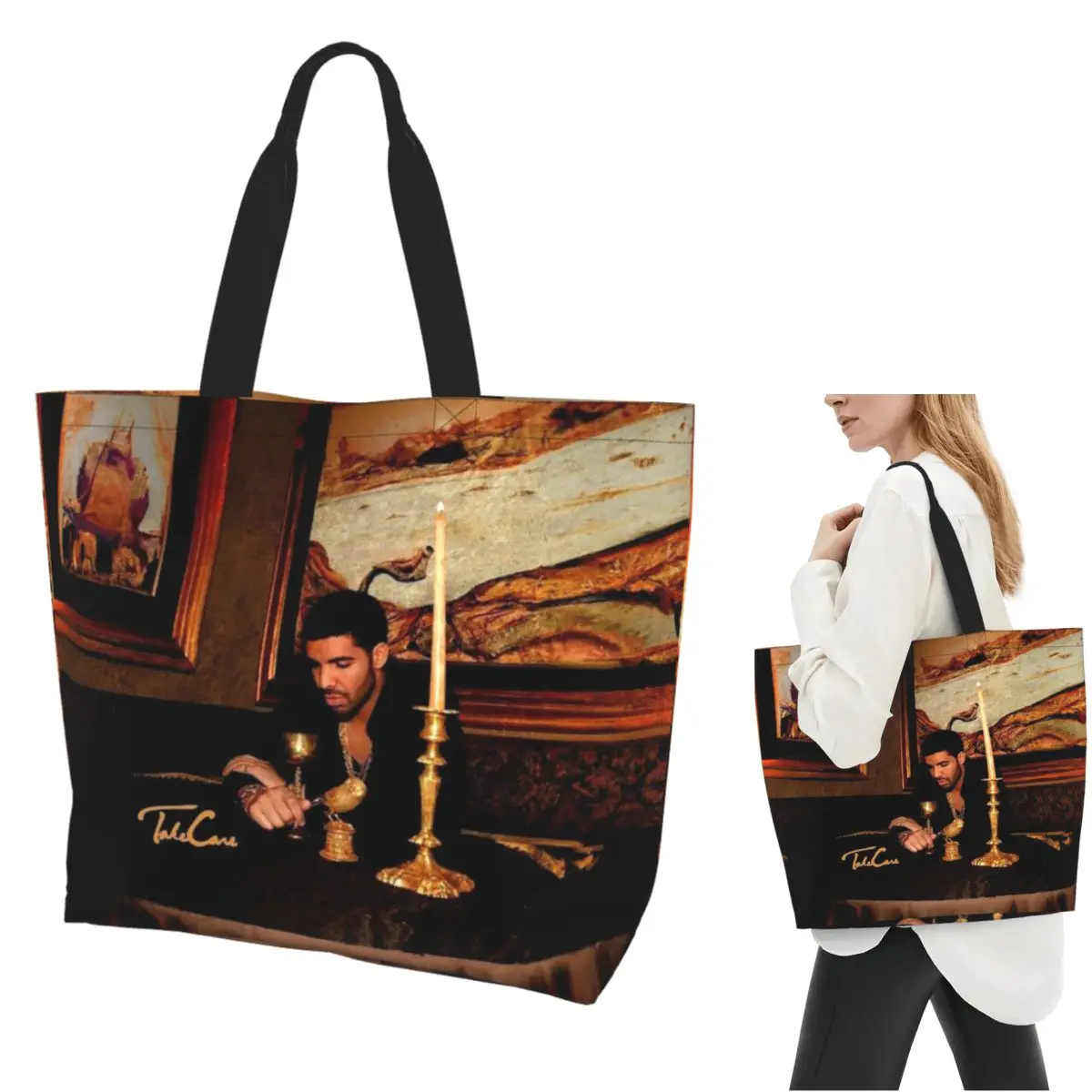 Hip Hop Rapper Drake Take Care Album Shopping Tote Bag Canvas Large Capacity Shoulder Bags Shopper Grocery Handbag for Women