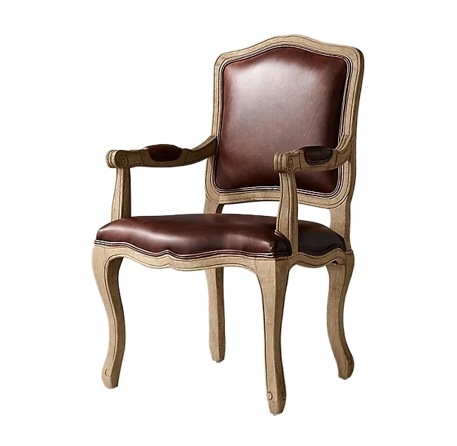 

Furniture French country retro solid wood leather dining chair American simple villa oil wax leather chair