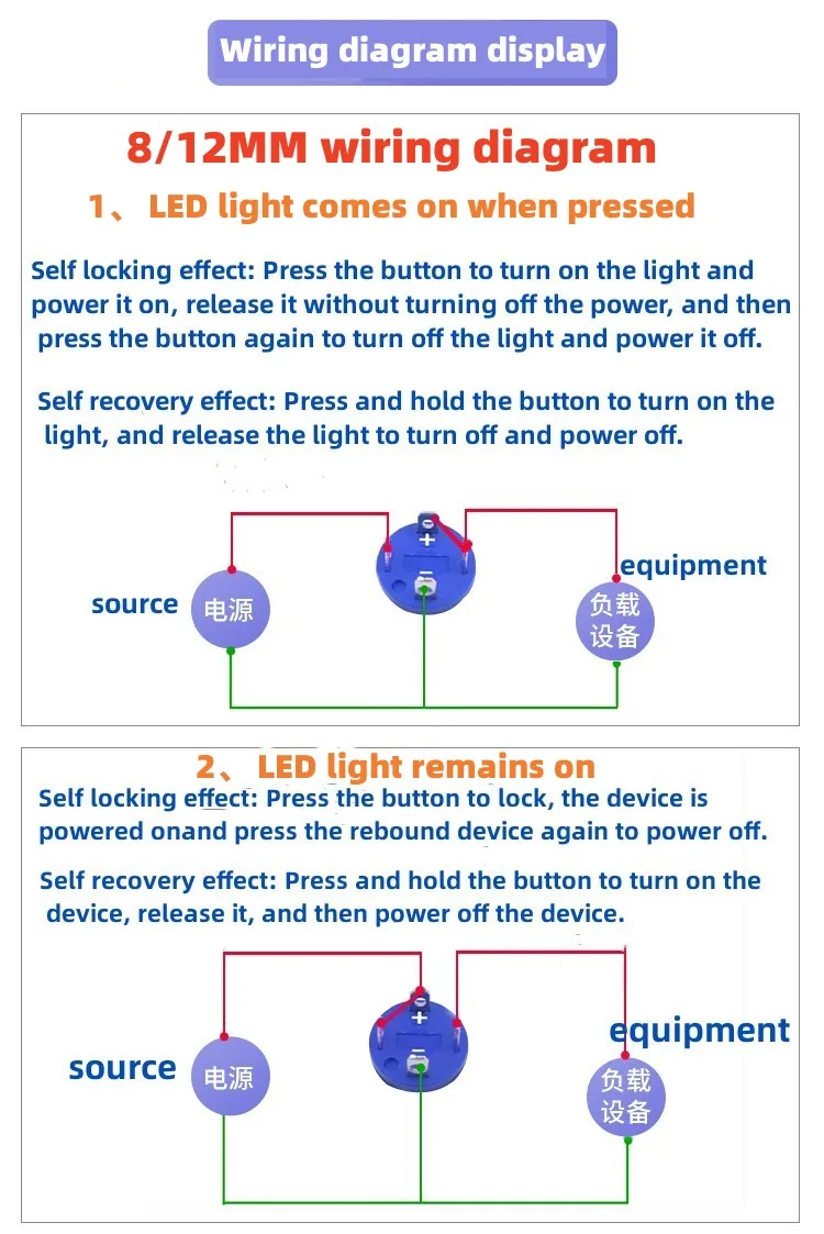 12 16 19 22MM Metal Button Switch LED Light Waterproof Momentary  Self-Locking Car Engine Power Supply 5V6V12V24V 220V Red Blue