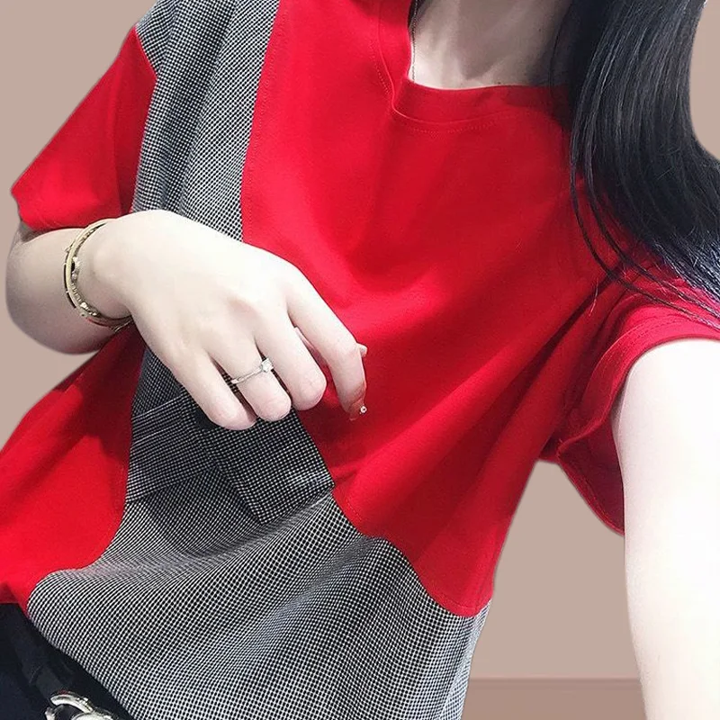 

Pure Cotton Unique Splicing Short Sleeves T-shirt Summer Casual Loose Irregular Contrast Colors Tops Fashion Clothes for Women