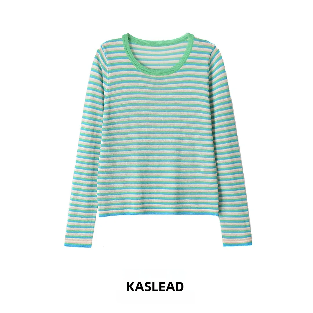 

KASLEAD Women's Long Sleeve round Neck Knitted Sweater Striped Pattern Polyester Fiber Summer Fashion Casual Style