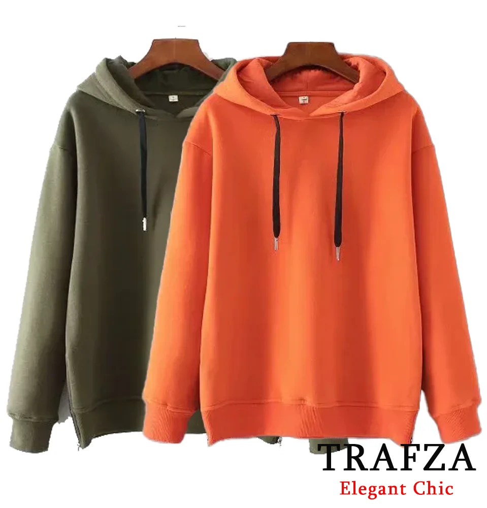 TRAFZA-Women Casual Hoodies Vibrant Colorways Side Zipper Loose Hooded Pullover New 2025 Fashion Spring Fall Simple Hoodies