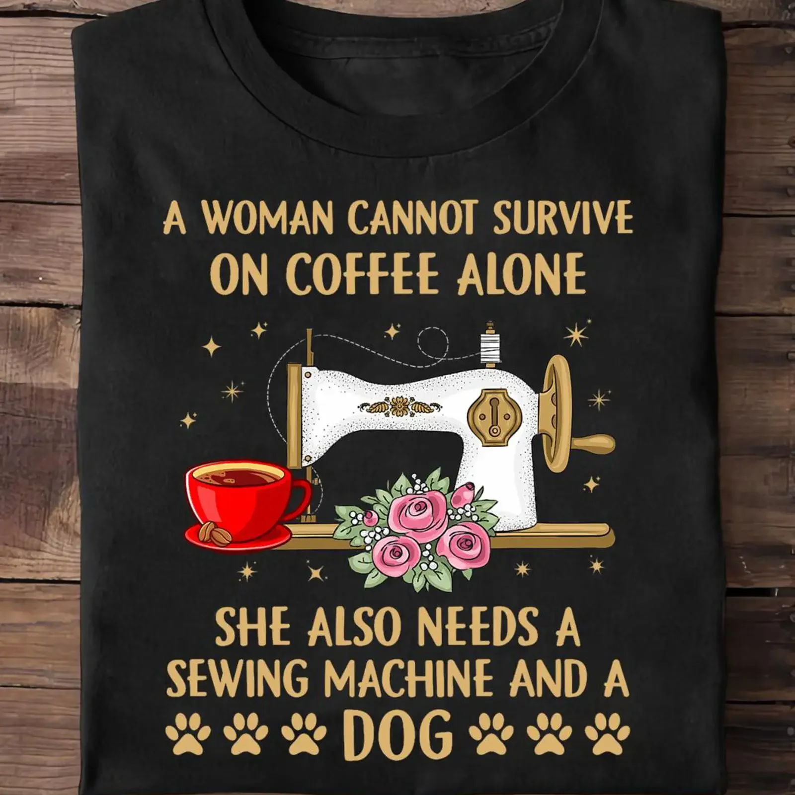 Funny Sewing Dog T Shirt Quilting Coffee Lover  vintage Washed fashion graphic Slightly homme Stretched streetwear Unisex Soft