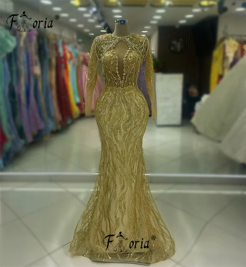 Vestido De noche con cuentas doradas para mujer, vestido De fiesta De boda De Oriente Medio, manga larga, tren desmontable, Dubai